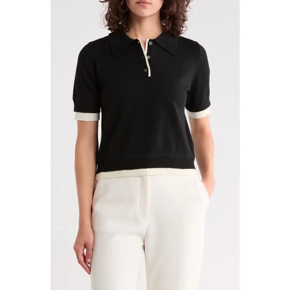 Area Star Women's Contrast Trim Short Sleeve Golf Polo Black Knit Size S/M
